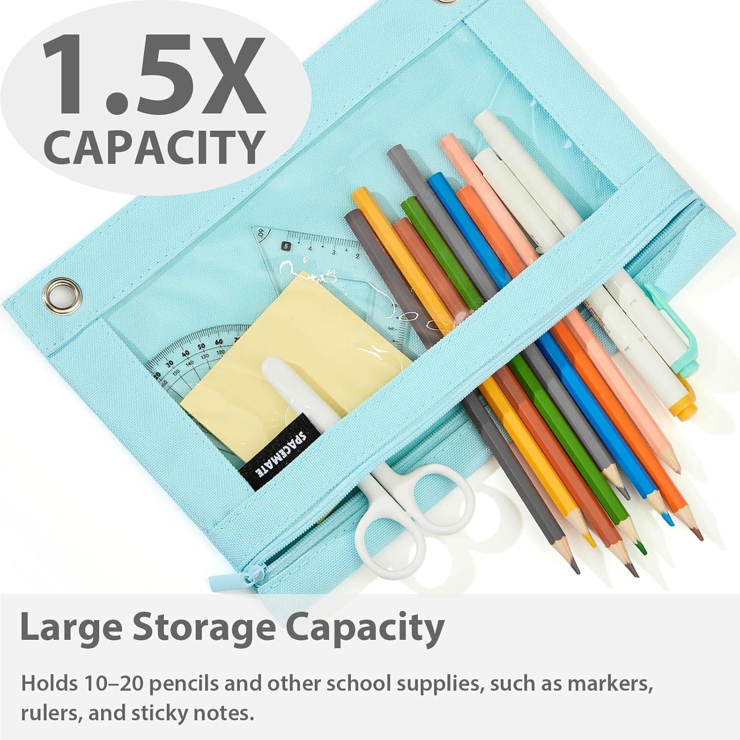 imageSPACEMATE Binder Pencil Pouch Case Box Bag for 3 Ring Binder School Supplies Girls Boys Kids Clear Preppy Stuff Large Aesthetic Pen Organizer Back to College Stationary 1 Pack Coal BlackEggshell Blue