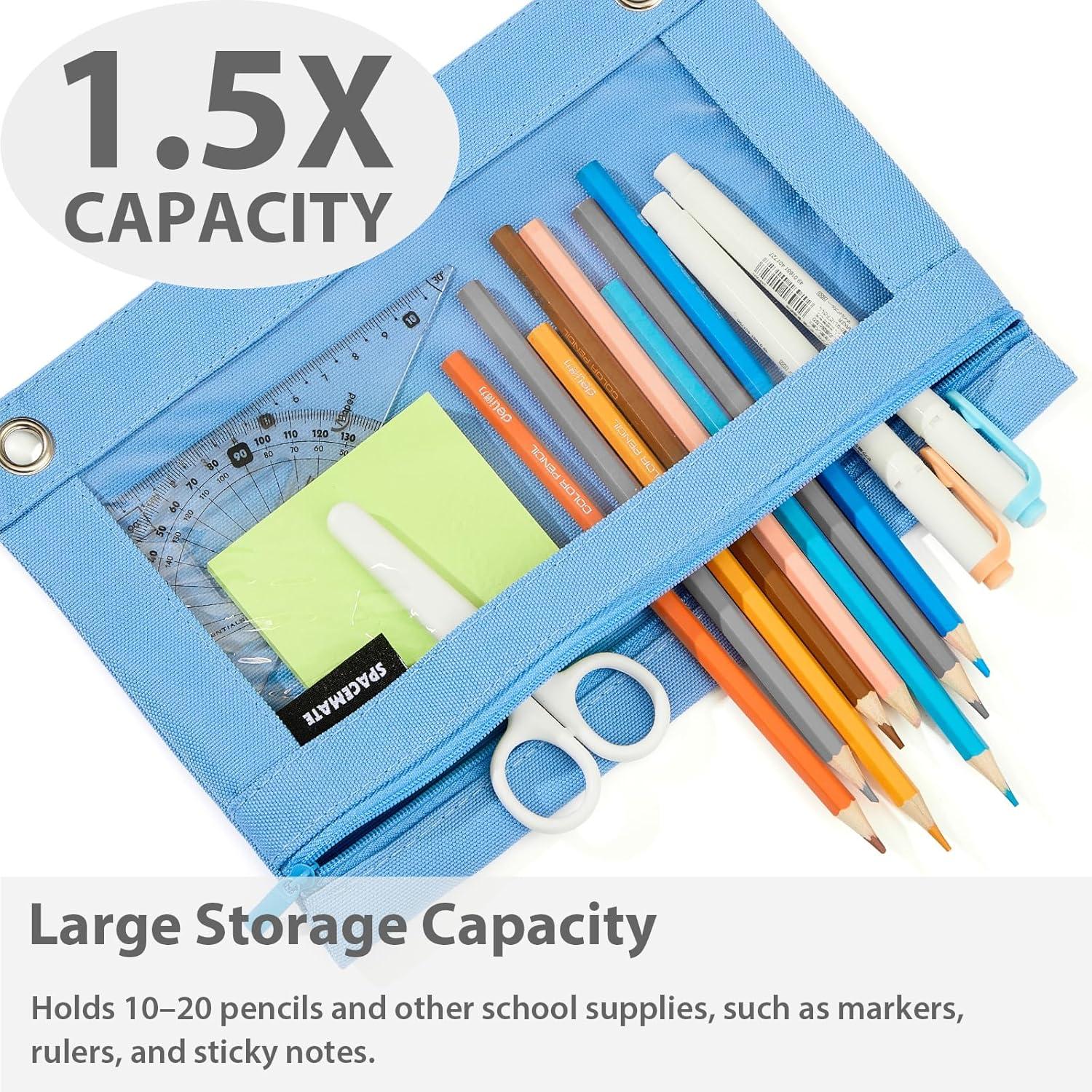 imageSPACEMATE Binder Pencil Pouch Case Box Bag for 3 Ring Binder School Supplies Girls Boys Kids Clear Preppy Stuff Large Aesthetic Pen Organizer Back to College Stationary 1 Pack Coal BlackCornflower Blue