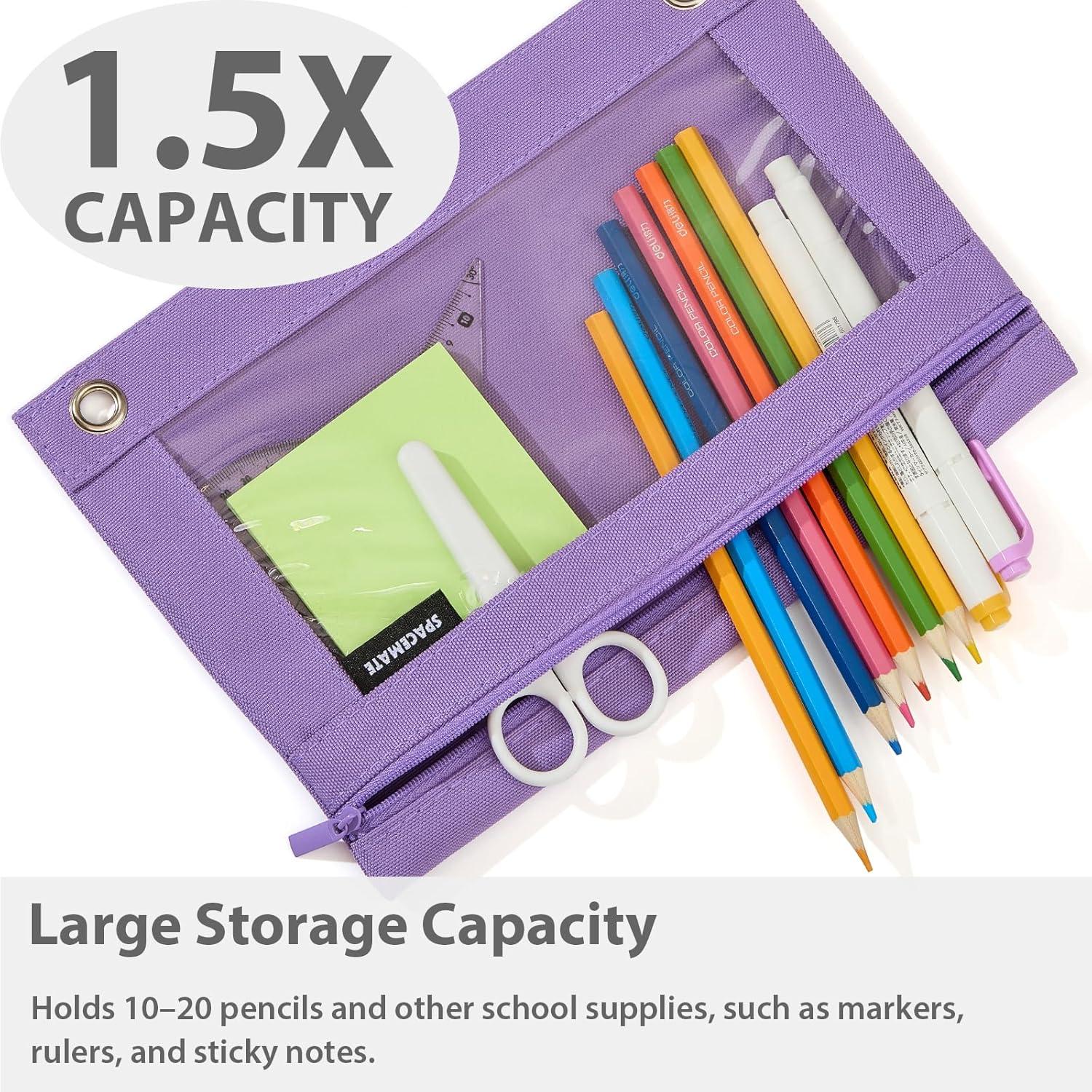 imageSPACEMATE Binder Pencil Pouch Case Box Bag for 3 Ring Binder School Supplies Girls Boys Kids Clear Preppy Stuff Large Aesthetic Pen Organizer Back to College Stationary 1 Pack GrayPurple