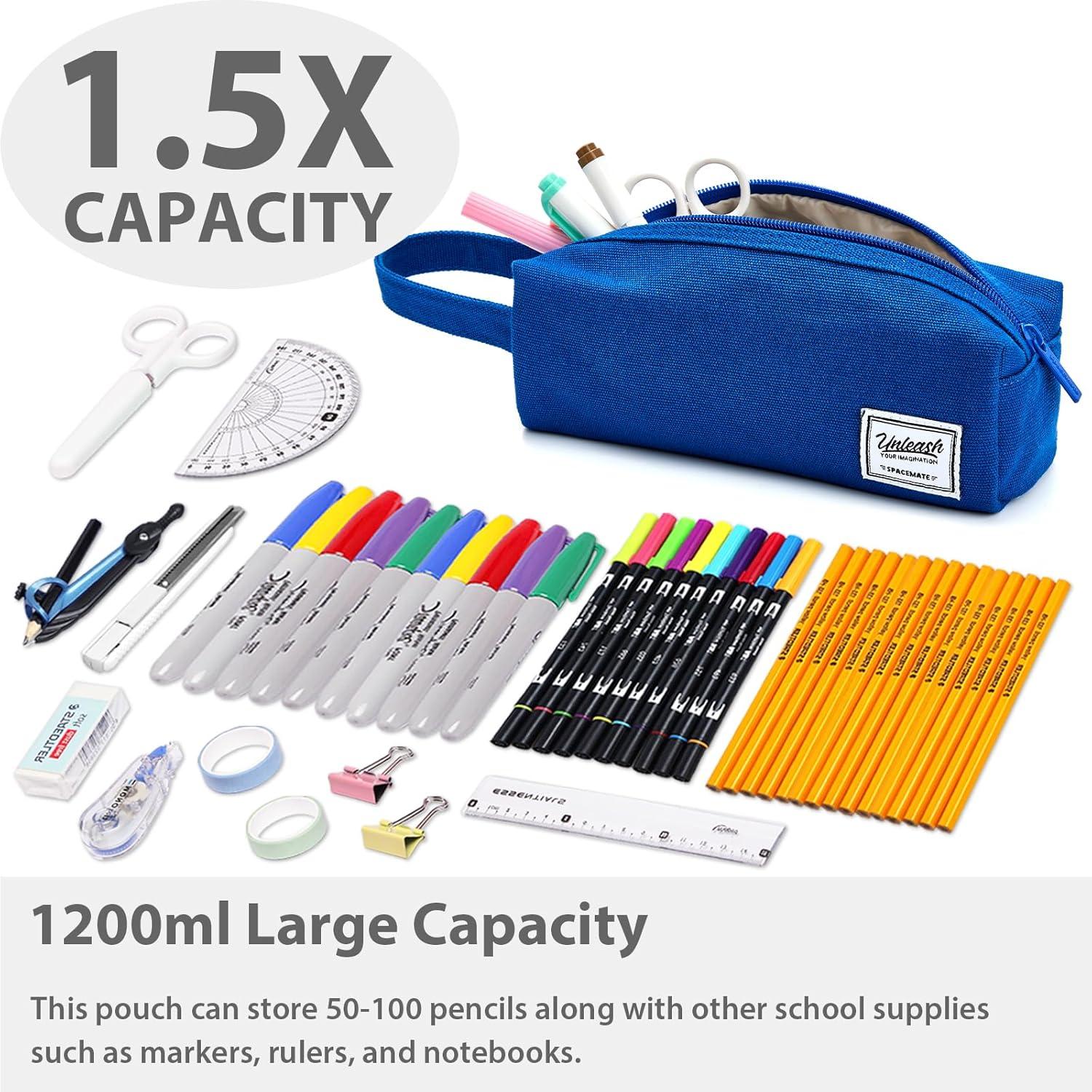imageSPACEMATE Pencil Case Pouch Box Bag School Supplies Girls Boys Kids Cute Preppy Stuff Large Big Capacity Aesthetic Canvas Pen Organizer Back to College Stationary Sky Blue Simple Style 1200mlRoyal Blue