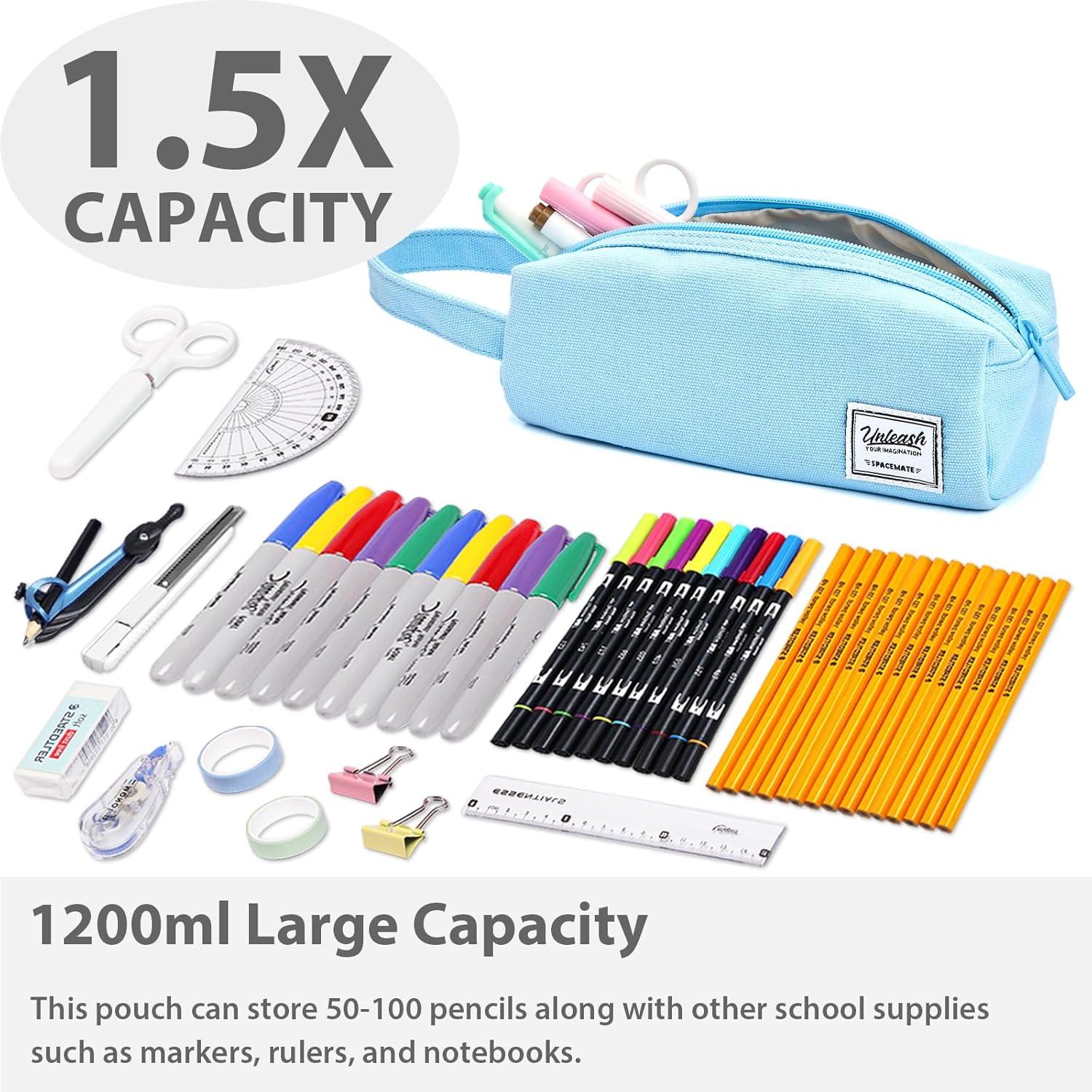 imageSPACEMATE Pencil Case Pouch Box Bag School Supplies Girls Boys Kids Cute Preppy Stuff Large Big Capacity Aesthetic Canvas Pen Organizer Back to College Stationary Sky Blue Simple Style 1200mlSky Blue