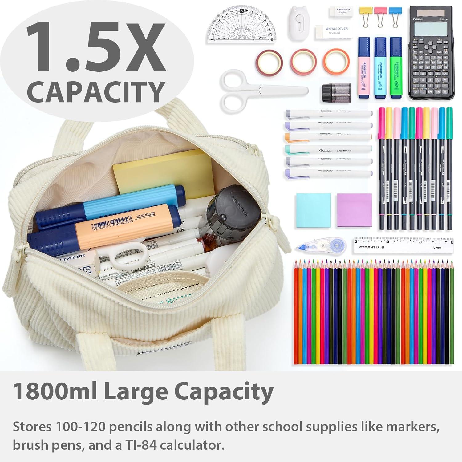 imageSPACEMATE Pencil Case Pouch Box Bag School Supplies Girls Boys Kids Cute Preppy Stuff Large Big Capacity Aesthetic Pen Organizer Back to College Stationary Beige Corduroy Style 1800mlBeige