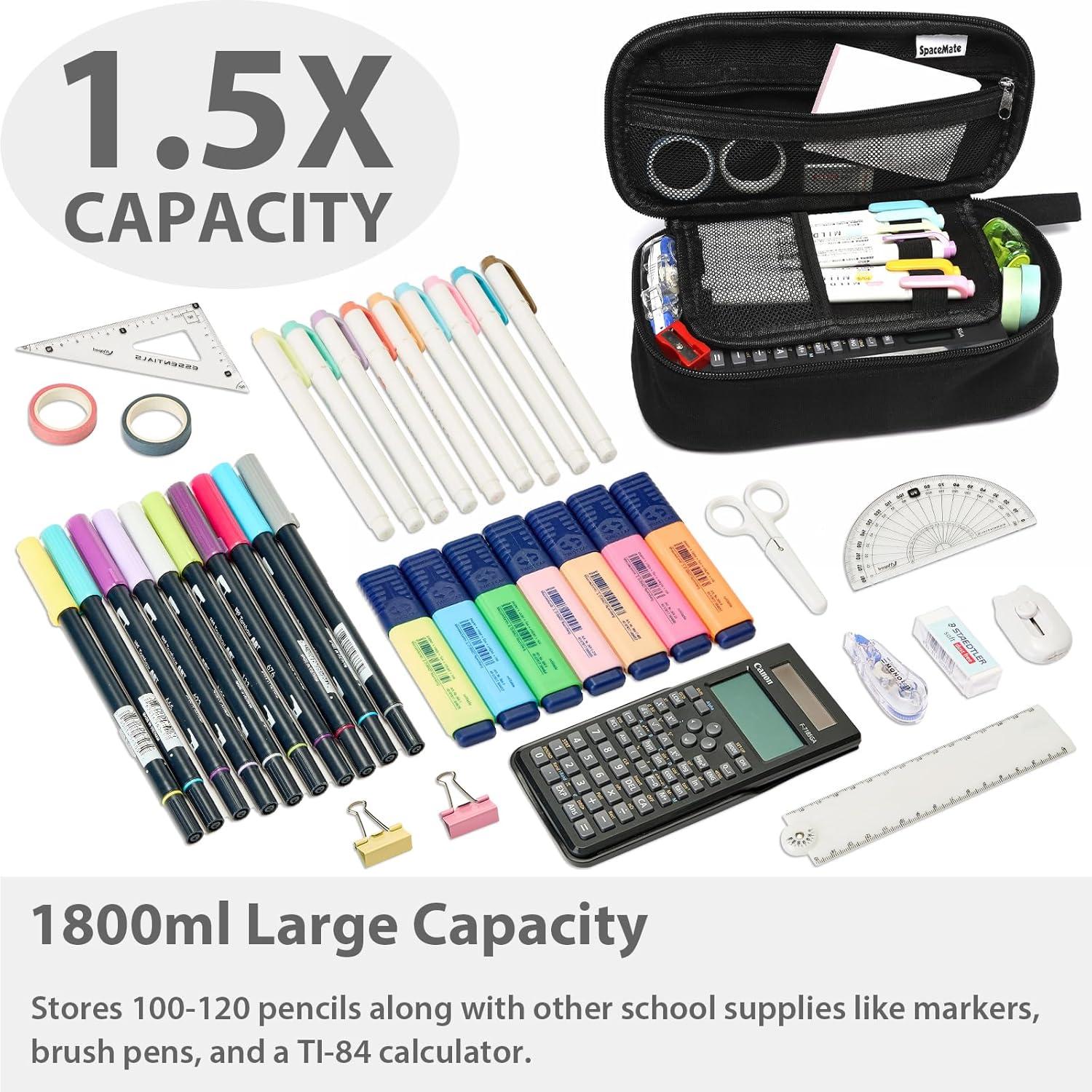 imageSPACEMATE Pencil Case Pouch Box Bag School Supplies Girls Boys Kids Cute Preppy Stuff Large Big Capacity Aesthetic Pen Organizer Back to College Stationary Dark Cyan Heavy Duty Canvas 1800mlCoal Black