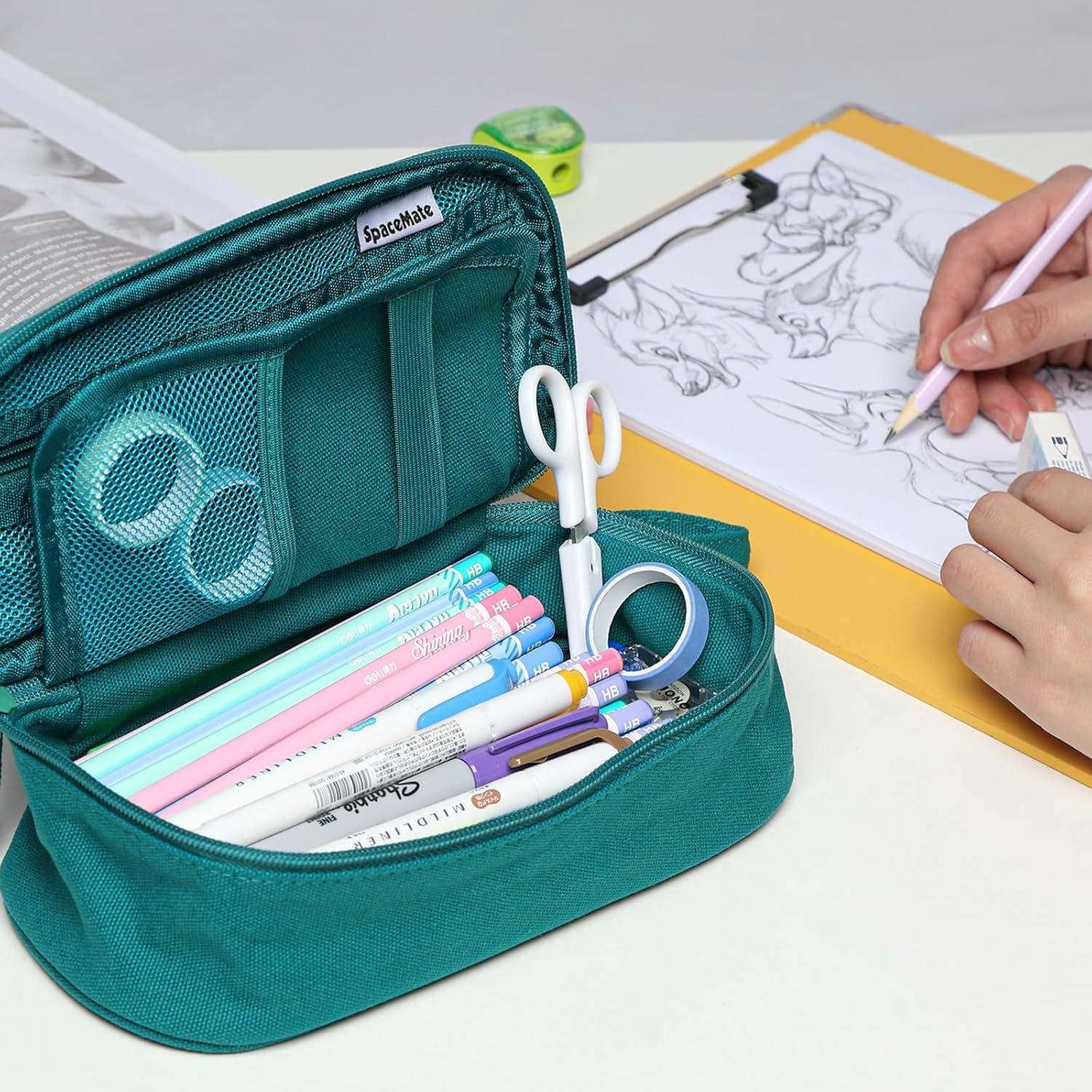 imageSPACEMATE Pencil Case Pouch Box Bag School Supplies Girls Boys Kids Cute Preppy Stuff Large Big Capacity Aesthetic Pen Organizer Back to College Stationary Dark Cyan Heavy Duty Canvas 1800mlDark Cyan