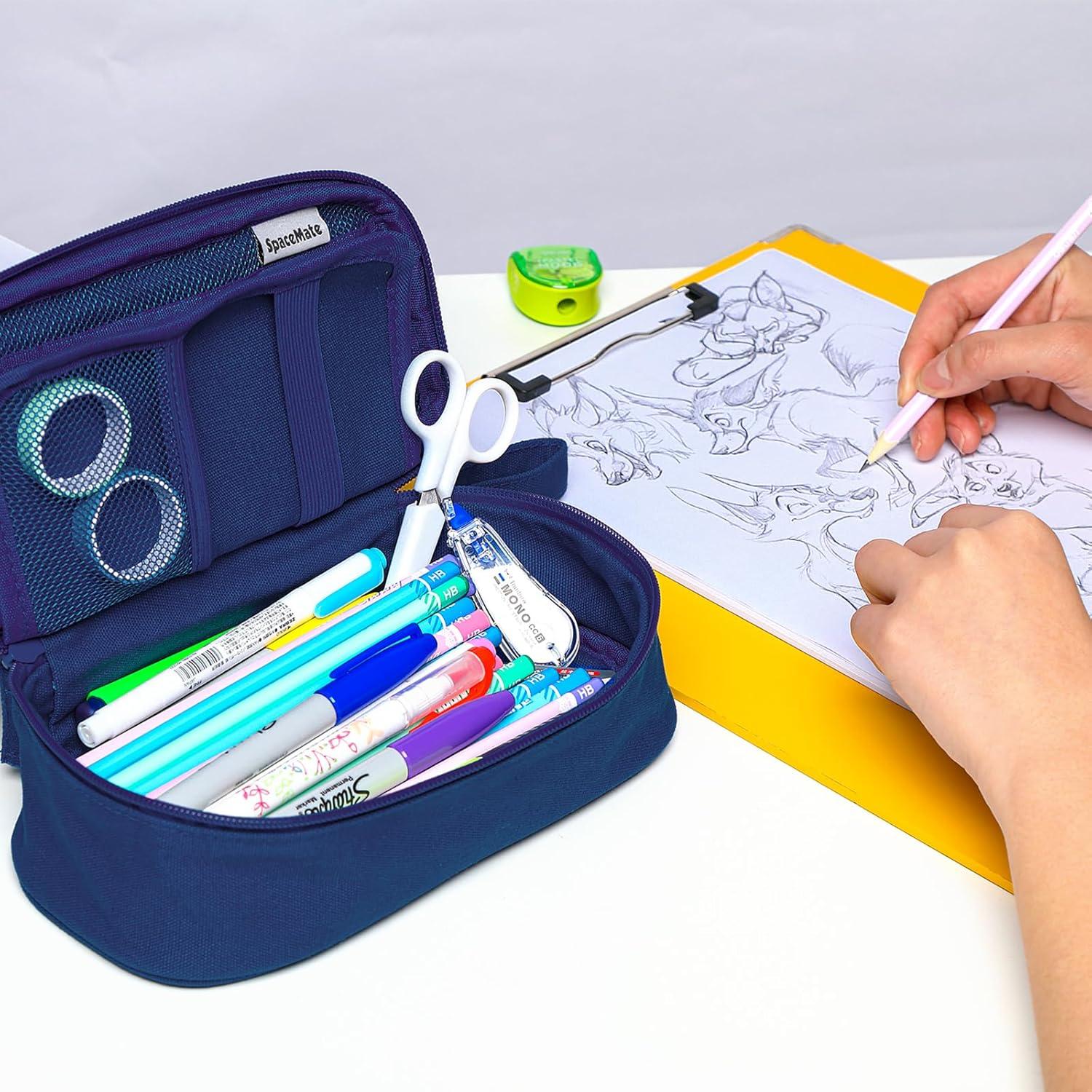 imageSPACEMATE Pencil Case Pouch Box Bag School Supplies Girls Boys Kids Cute Preppy Stuff Large Big Capacity Aesthetic Pen Organizer Back to College Stationary Dark Cyan Heavy Duty Canvas 1800mlMidnight Blue