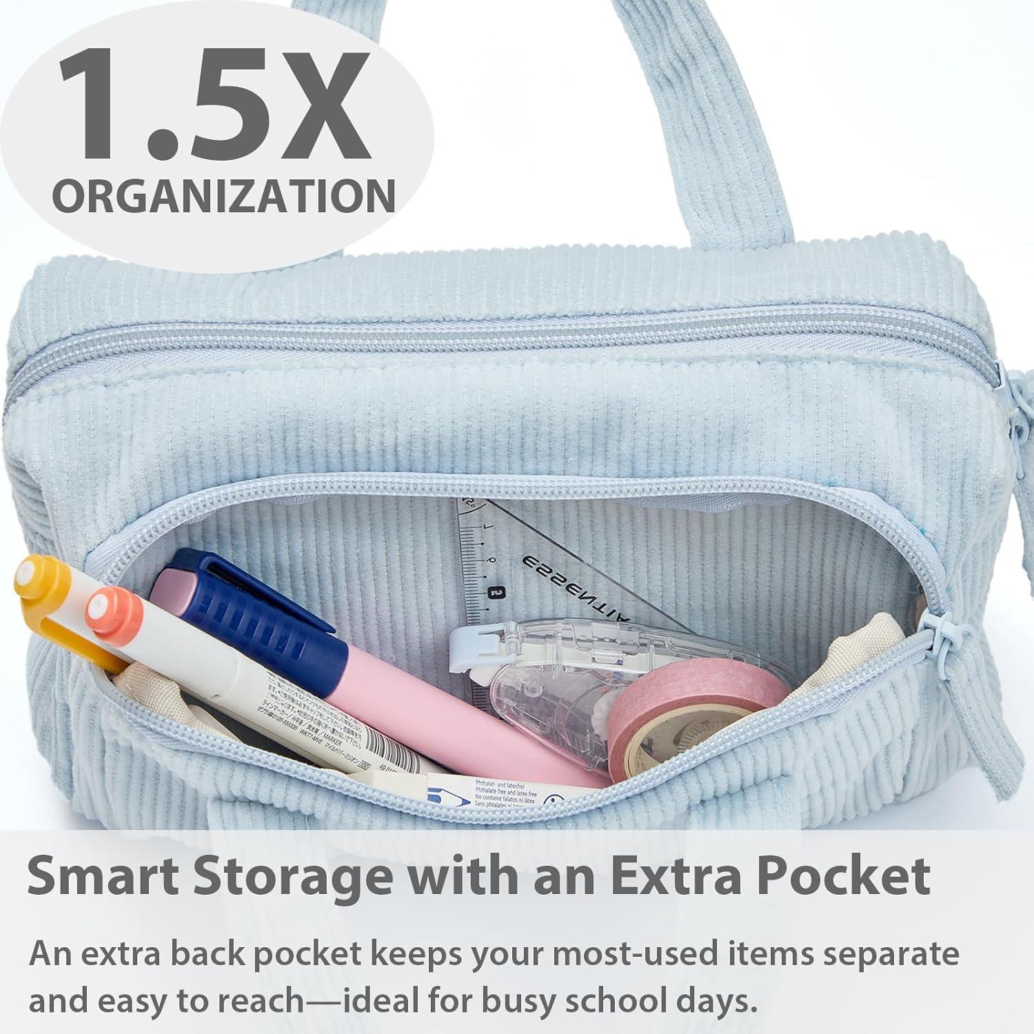 imageSPACEMATE Pencil Case Pouch Box Bag School Supplies Girls Boys Kids Cute Preppy Stuff Large Big Capacity Aesthetic Pen Organizer Back to College Stationary Beige Corduroy Style 1800mlBaby Blue