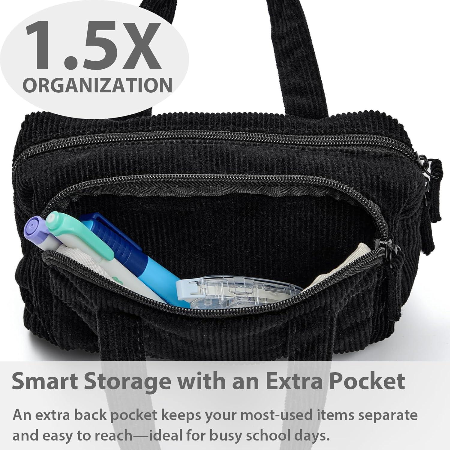 imageSPACEMATE Pencil Case Pouch Box Bag School Supplies Girls Boys Kids Cute Preppy Stuff Large Big Capacity Aesthetic Pen Organizer Back to College Stationary Beige Corduroy Style 1800mlCoal Black