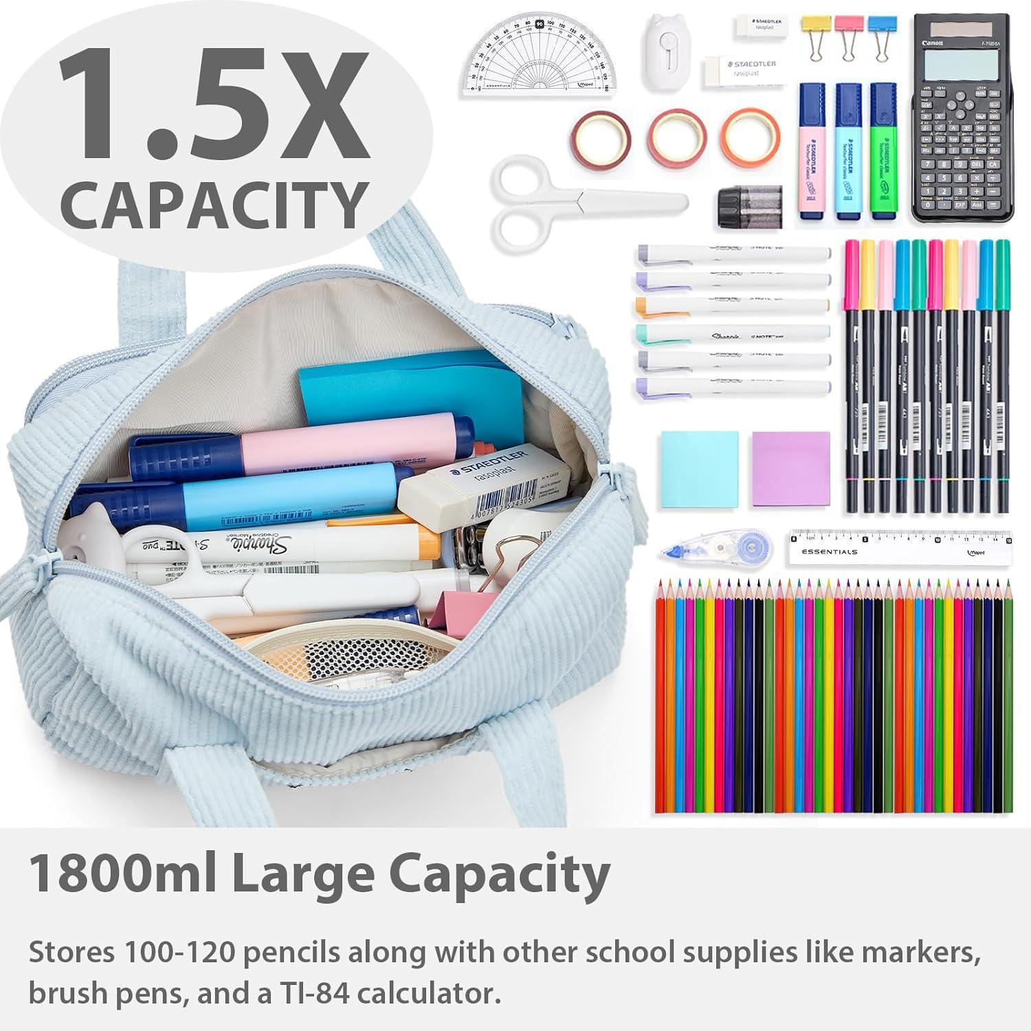 imageSPACEMATE Pencil Case Pouch Box Bag School Supplies Girls Boys Kids Cute Preppy Stuff Large Big Capacity Aesthetic Pen Organizer Back to College Stationary Beige Corduroy Style 1800mlBaby Blue