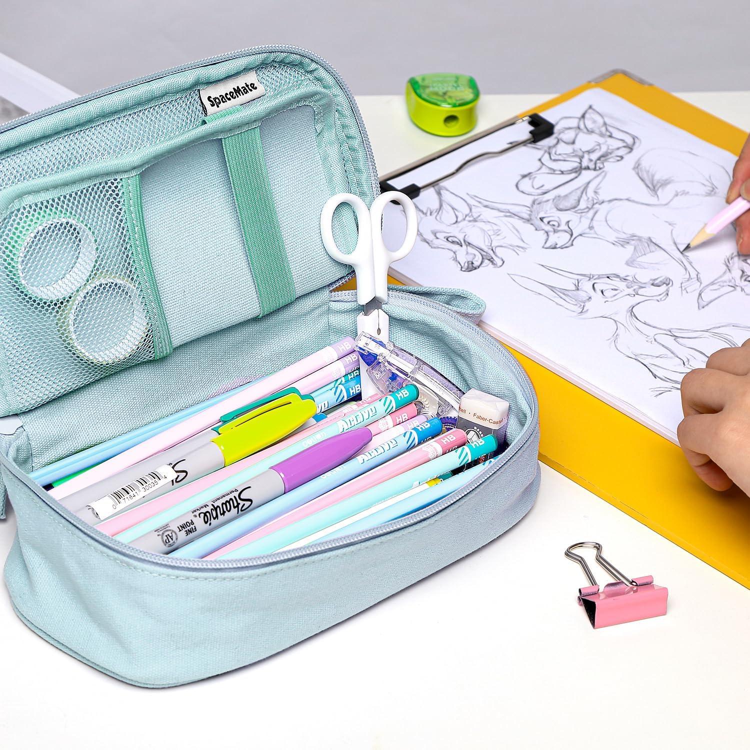 imageSPACEMATE Pencil Case Pouch Box Bag School Supplies Girls Boys Kids Cute Preppy Stuff Large Big Capacity Aesthetic Pen Organizer Back to College Stationary Dark Cyan Heavy Duty Canvas 1800mlLight Green