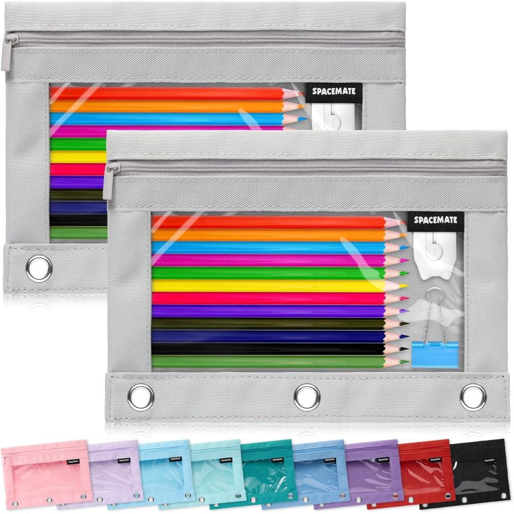 imageSPACEMATE 2 Pack Binder Pencil Pouch Case Box Bag for 3 Ring Binder School Supplies Girls Boys Kids Clear Preppy Stuff Large Aesthetic Pen Organizer Back to College Stationary Light PurpleGray