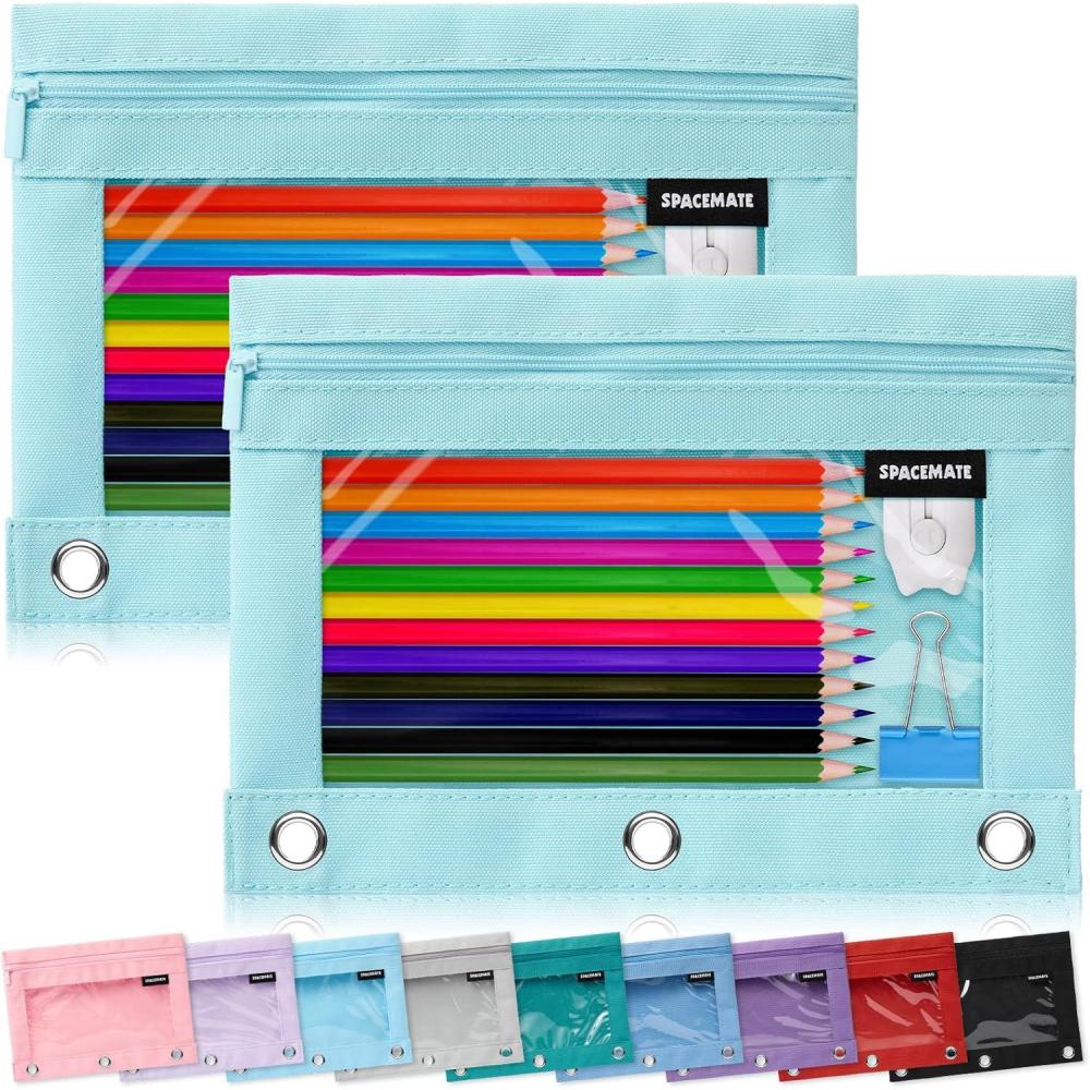 imageSPACEMATE 2 Pack Binder Pencil Pouch Case Box Bag for 3 Ring Binder School Supplies Girls Boys Kids Clear Preppy Stuff Large Aesthetic Pen Organizer Back to College Stationary Light PurpleEggshell Blue