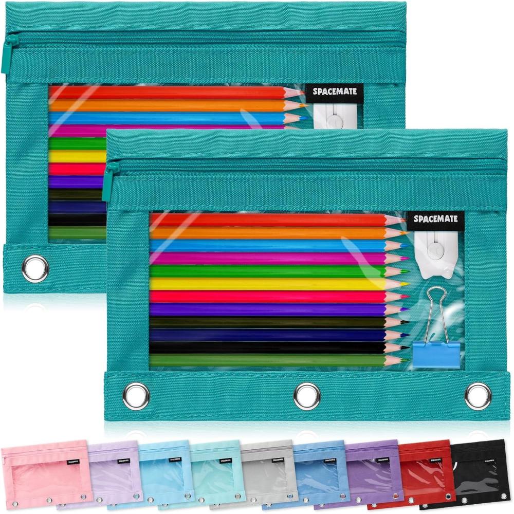 imageSPACEMATE 2 Pack Binder Pencil Pouch Case Box Bag for 3 Ring Binder School Supplies Girls Boys Kids Clear Preppy Stuff Large Aesthetic Pen Organizer Back to College Stationary Light PurpleTeal