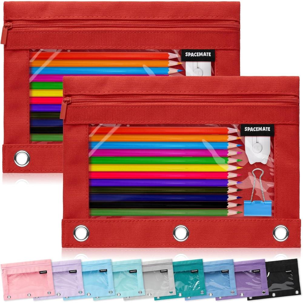 imageSPACEMATE 2 Pack Binder Pencil Pouch Case Box Bag for 3 Ring Binder School Supplies Girls Boys Kids Clear Preppy Stuff Large Aesthetic Pen Organizer Back to College Stationary Light PurpleRed