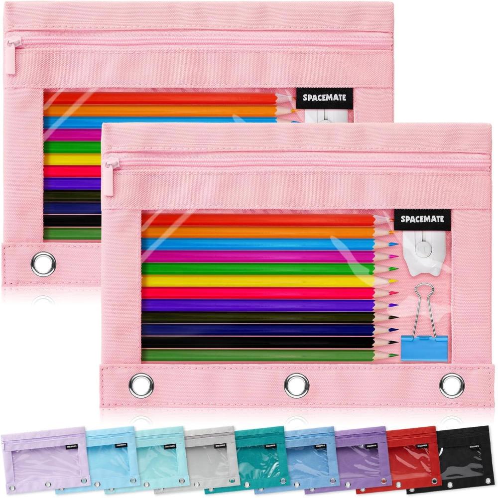 imageSPACEMATE 2 Pack Binder Pencil Pouch Case Box Bag for 3 Ring Binder School Supplies Girls Boys Kids Clear Preppy Stuff Large Aesthetic Pen Organizer Back to College Stationary Light PurpleLight Pink
