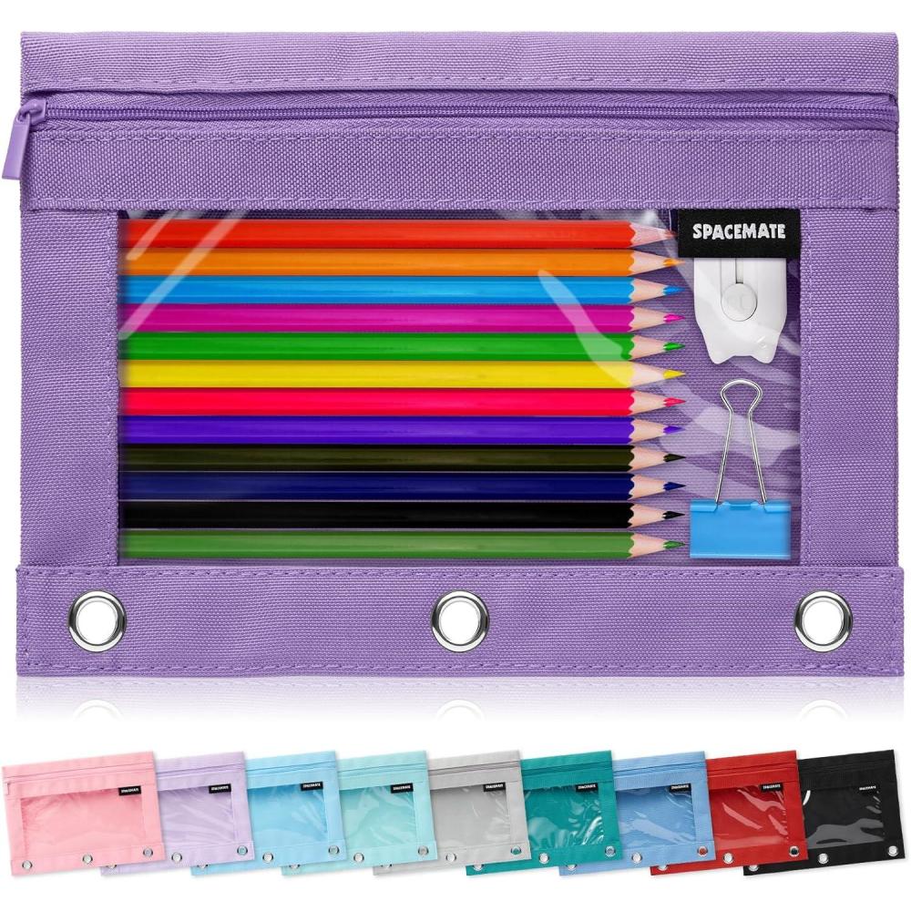 imageSPACEMATE Binder Pencil Pouch Case Box Bag for 3 Ring Binder School Supplies Girls Boys Kids Clear Preppy Stuff Large Aesthetic Pen Organizer Back to College Stationary 1 Pack Coal BlackPurple