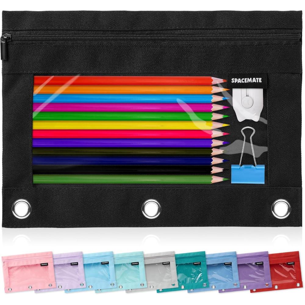 imageSPACEMATE Binder Pencil Pouch Case Box Bag for 3 Ring Binder School Supplies Girls Boys Kids Clear Preppy Stuff Large Aesthetic Pen Organizer Back to College Stationary 1 Pack Coal BlackCoal Black