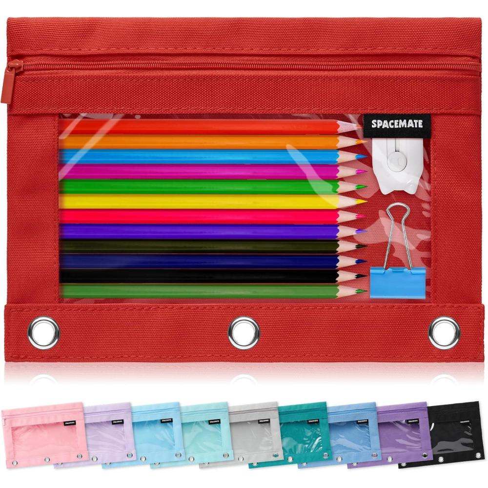 imageSPACEMATE Binder Pencil Pouch Case Box Bag for 3 Ring Binder School Supplies Girls Boys Kids Clear Preppy Stuff Large Aesthetic Pen Organizer Back to College Stationary 1 Pack Coal BlackRed