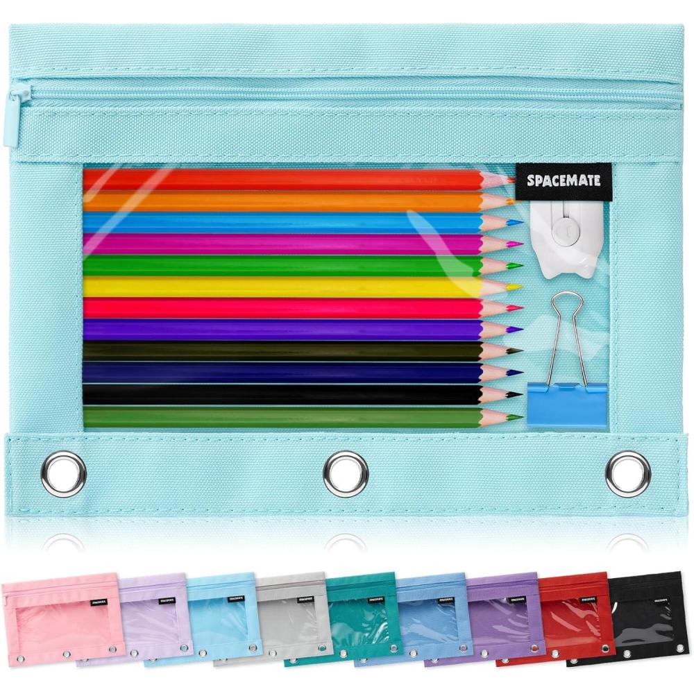 imageSPACEMATE Binder Pencil Pouch Case Box Bag for 3 Ring Binder School Supplies Girls Boys Kids Clear Preppy Stuff Large Aesthetic Pen Organizer Back to College Stationary 1 Pack Coal BlackEggshell Blue