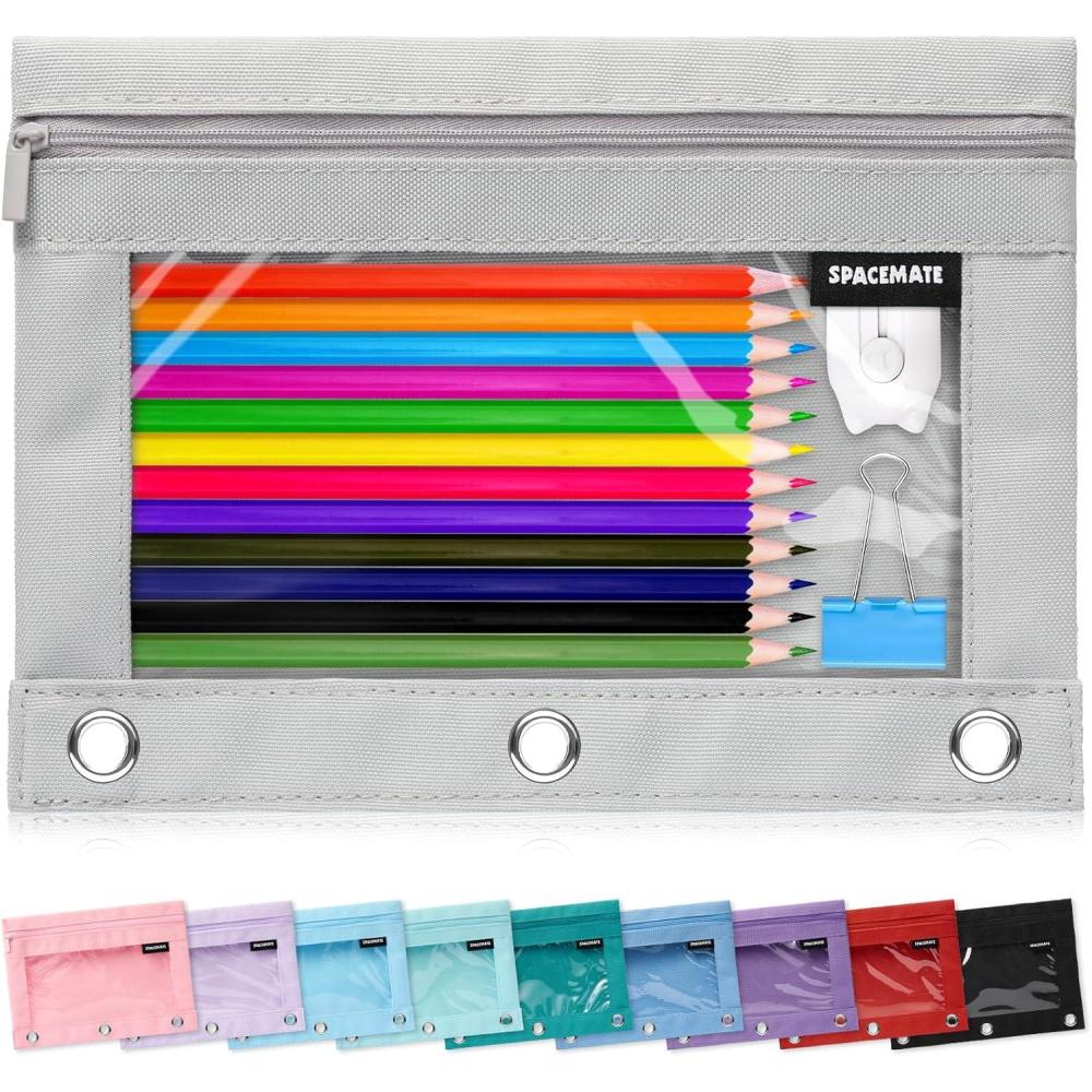 imageSPACEMATE Binder Pencil Pouch Case Box Bag for 3 Ring Binder School Supplies Girls Boys Kids Clear Preppy Stuff Large Aesthetic Pen Organizer Back to College Stationary 1 Pack Coal BlackGray