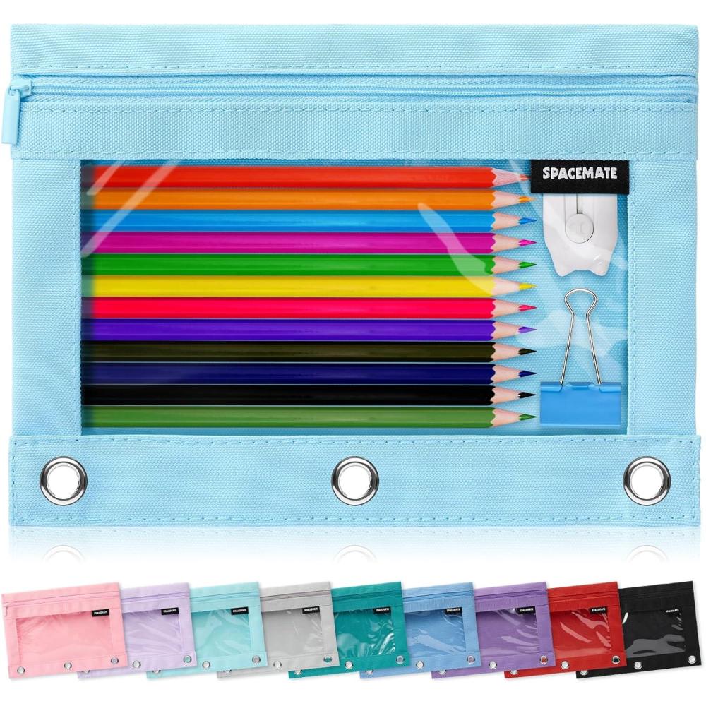 imageSPACEMATE Binder Pencil Pouch Case Box Bag for 3 Ring Binder School Supplies Girls Boys Kids Clear Preppy Stuff Large Aesthetic Pen Organizer Back to College Stationary 1 Pack Coal BlackSky Blue