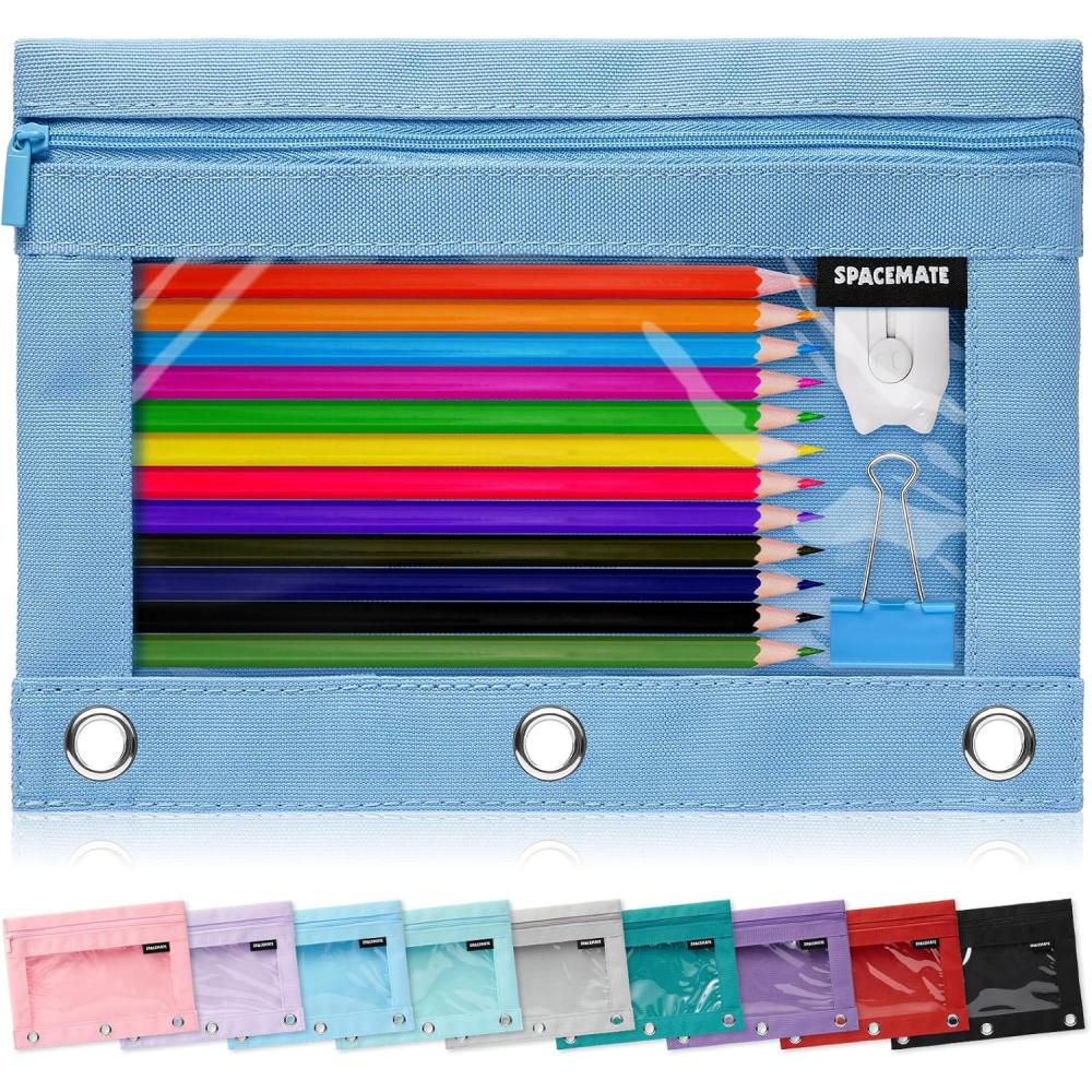 imageSPACEMATE Binder Pencil Pouch Case Box Bag for 3 Ring Binder School Supplies Girls Boys Kids Clear Preppy Stuff Large Aesthetic Pen Organizer Back to College Stationary 1 Pack GrayCornflower Blue