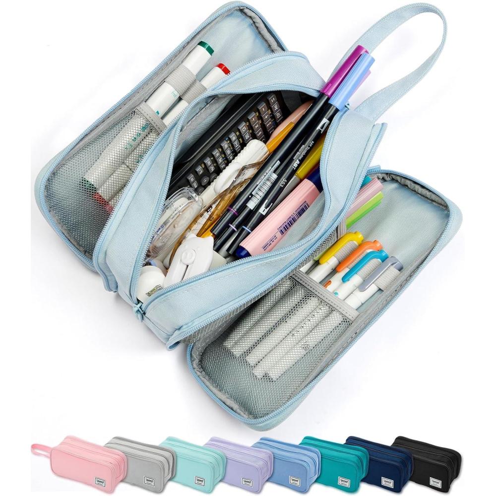 imageSPACEMATE Pencil Case Pouch Box Bag School Supplies Girls Boys Kids Cute Preppy Stuff Big Capacity Aesthetic Pen Organizer Back to College Stationary Black Extra Large Style 2300mlPowder Blue