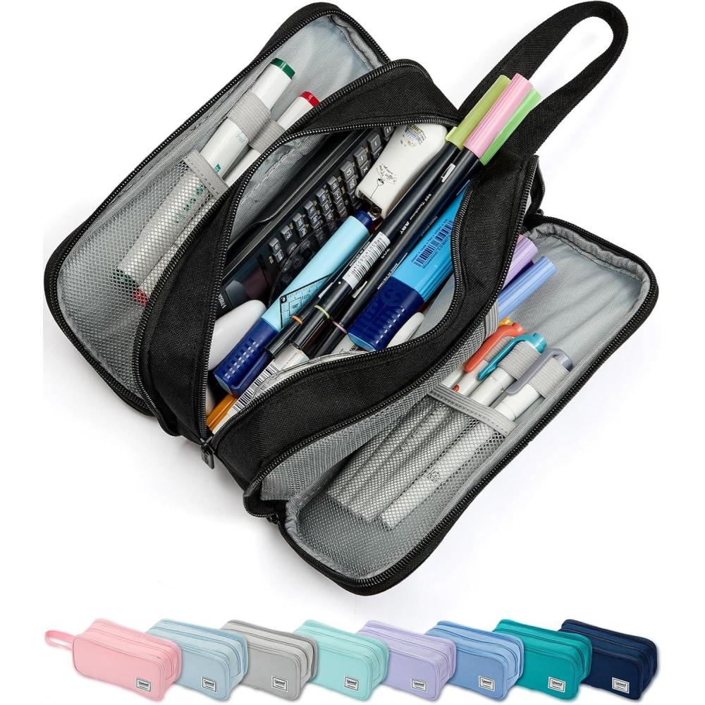 imageSPACEMATE Pencil Case Pouch Box Bag School Supplies Girls Boys Kids Cute Preppy Stuff Big Capacity Aesthetic Pen Organizer Back to College Stationary Black Extra Large Style 2300mlBlack