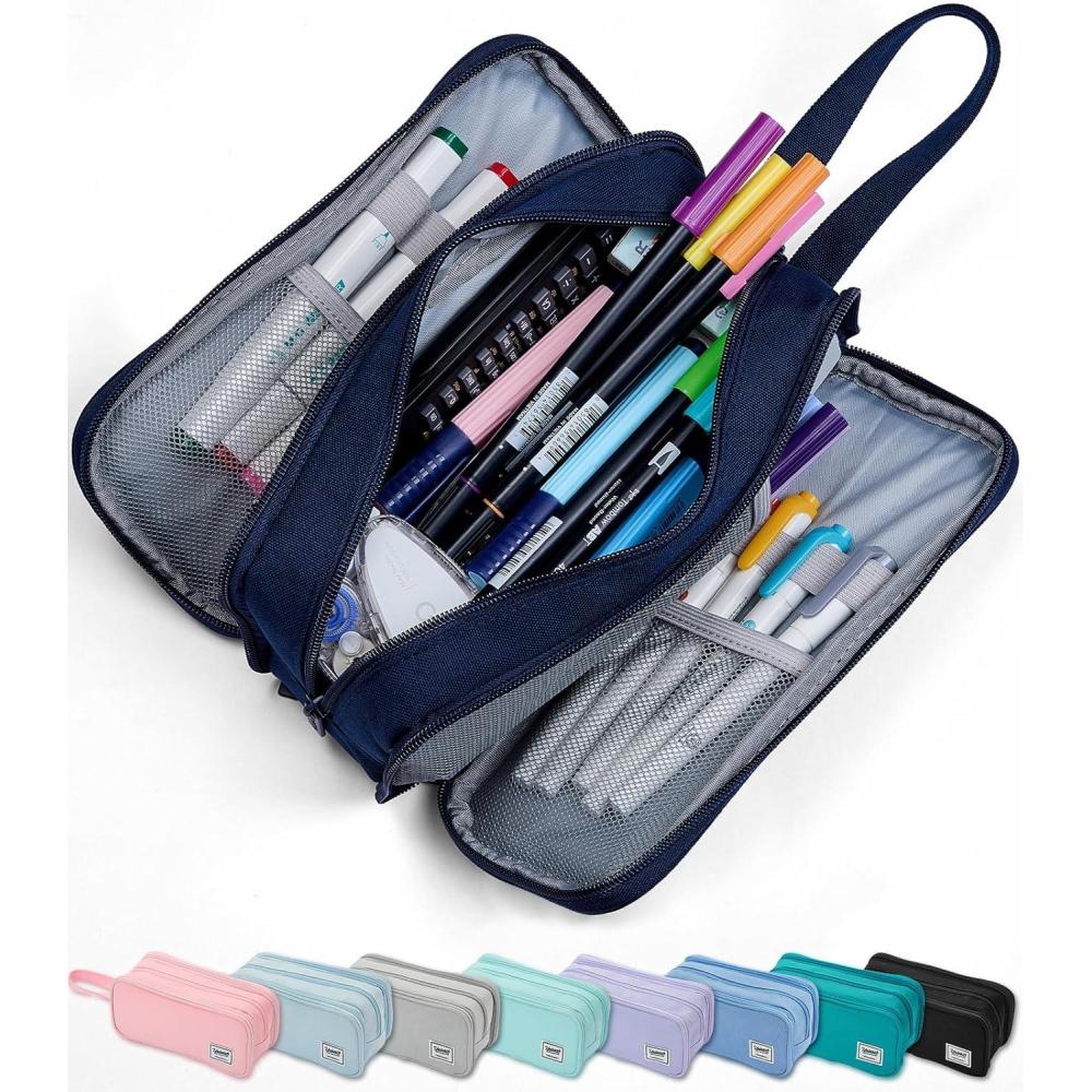 imageSPACEMATE Pencil Case Pouch Box Bag School Supplies Girls Boys Kids Cute Preppy Stuff Big Capacity Aesthetic Pen Organizer Back to College Stationary Black Extra Large Style 2300mlNavy Blue