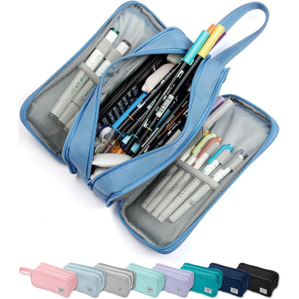 imageSPACEMATE Pencil Case Pouch Box Bag School Supplies Girls Boys Kids Cute Preppy Stuff Big Capacity Aesthetic Pen Organizer Back to College Stationary Black Extra Large Style 2300mlCornflower Blue