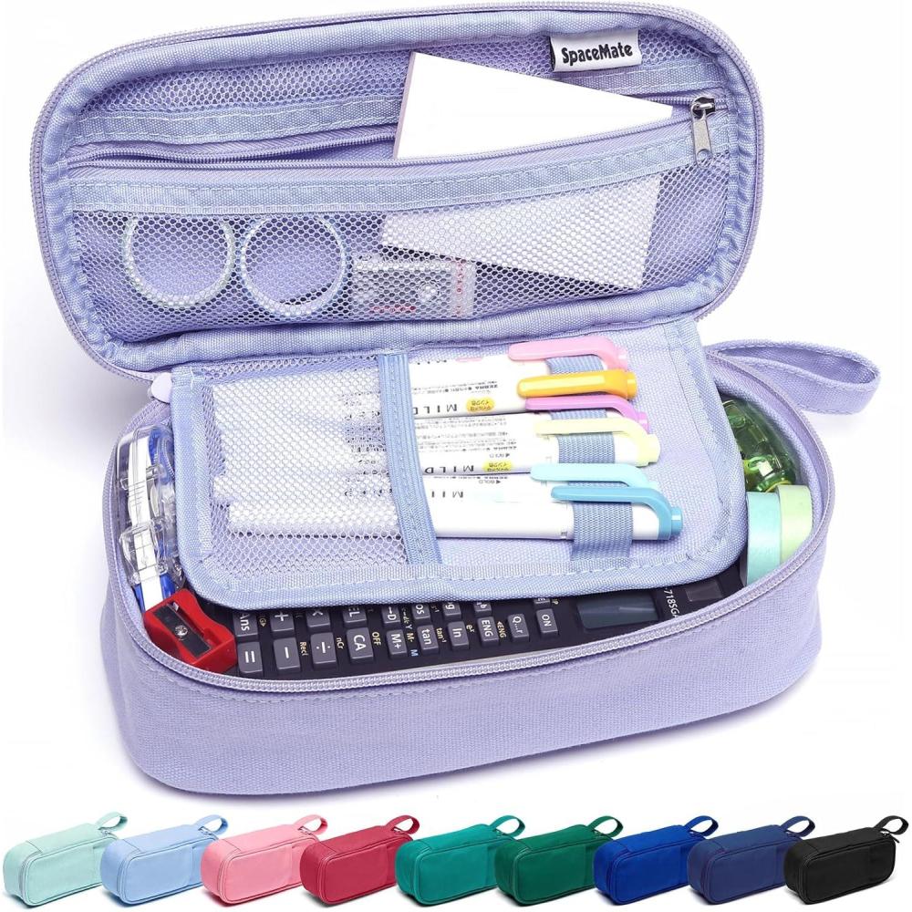 imageSPACEMATE Pencil Case Pouch Box Bag School Supplies Girls Boys Kids Cute Preppy Stuff Large Big Capacity Aesthetic Pen Organizer Back to College Stationary Dark Cyan Heavy Duty Canvas 1800mlPurple