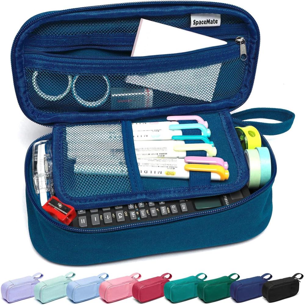 imageSPACEMATE Pencil Case Pouch Box Bag School Supplies Girls Boys Kids Cute Preppy Stuff Large Big Capacity Aesthetic Pen Organizer Back to College Stationary Dark Cyan Heavy Duty Canvas 1800mlMidnight Blue