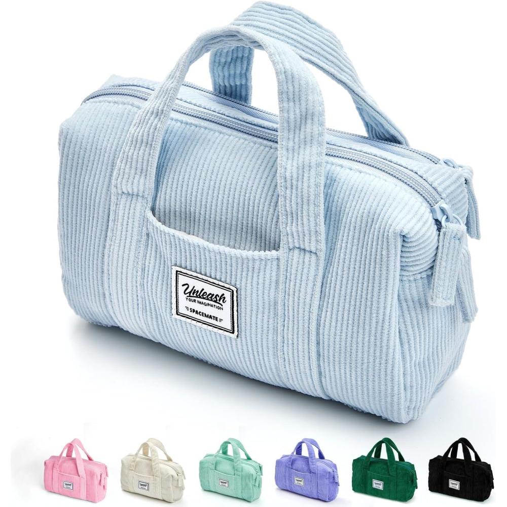 imageSPACEMATE Pencil Case Pouch Box Bag School Supplies Girls Boys Kids Cute Preppy Stuff Large Big Capacity Aesthetic Pen Organizer Back to College Stationary Beige Corduroy Style 1800mlBaby Blue