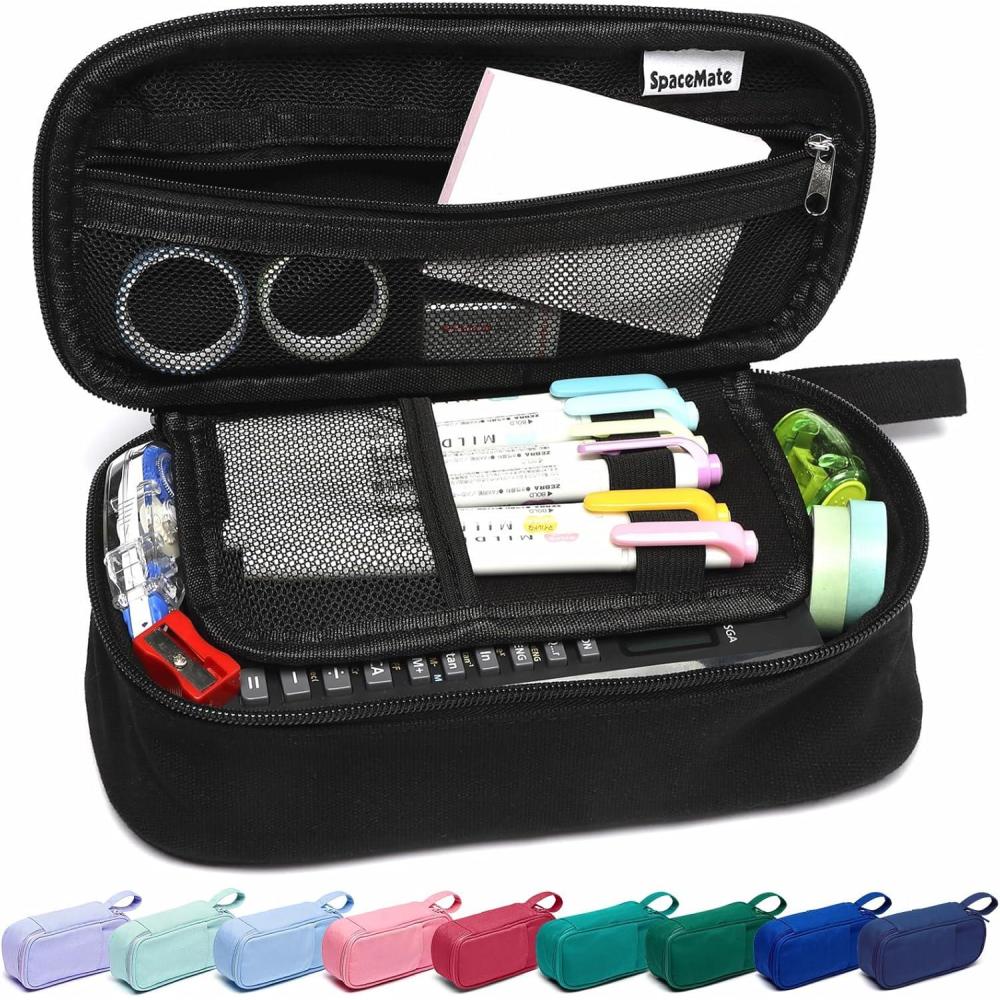 imageSPACEMATE Pencil Case Pouch Box Bag School Supplies Girls Boys Kids Cute Preppy Stuff Large Big Capacity Aesthetic Pen Organizer Back to College Stationary Dark Cyan Heavy Duty Canvas 1800mlCoal Black