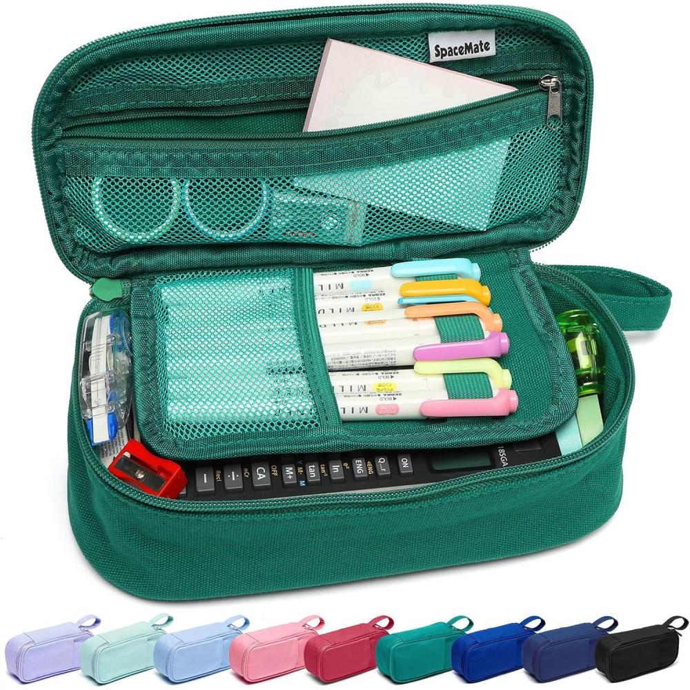 imageSPACEMATE Pencil Case Pouch Box Bag School Supplies Girls Boys Kids Cute Preppy Stuff Large Big Capacity Aesthetic Pen Organizer Back to College Stationary Dark Cyan Heavy Duty Canvas 1800mlGreen