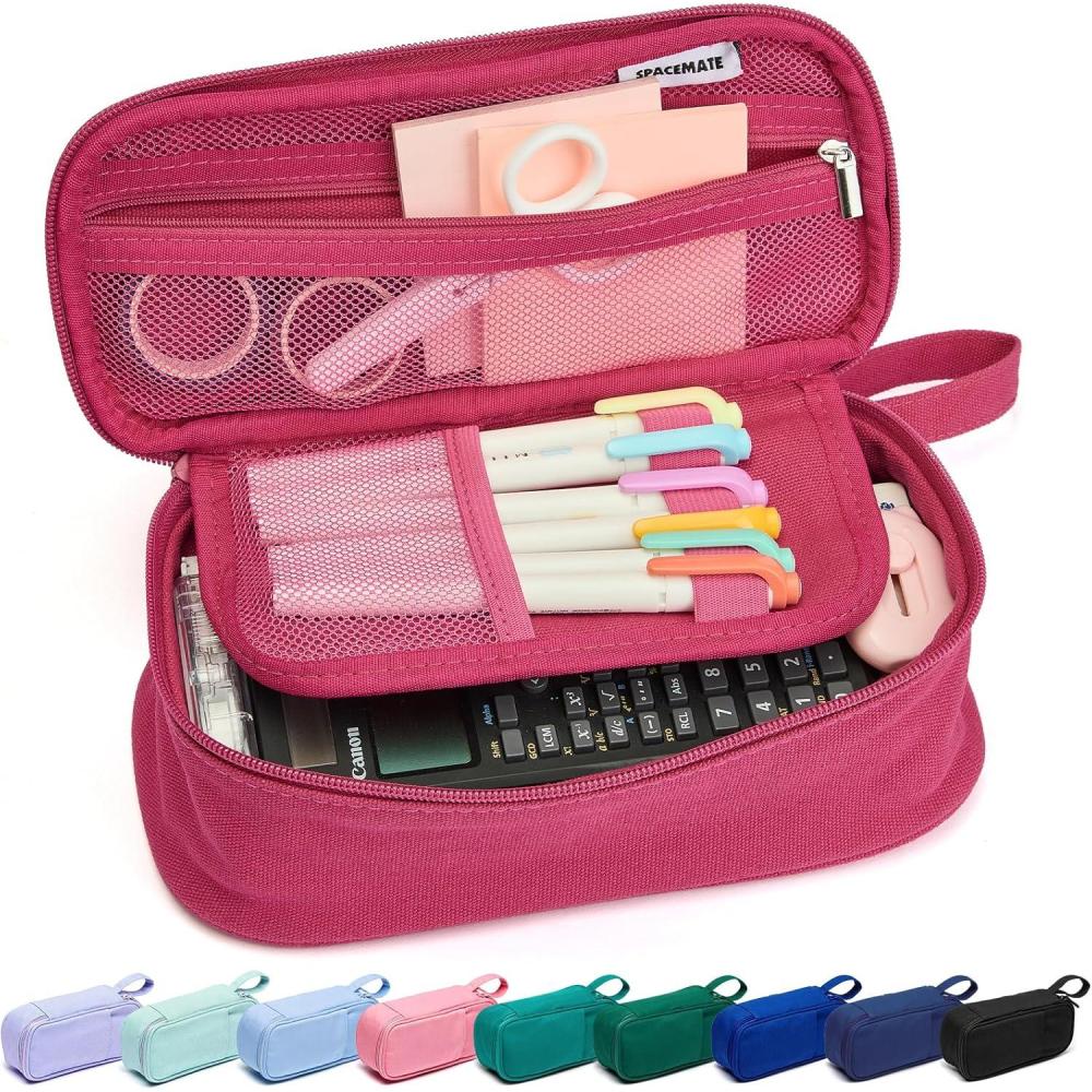 imageSPACEMATE Pencil Case Pouch Box Bag School Supplies Girls Boys Kids Cute Preppy Stuff Large Big Capacity Aesthetic Pen Organizer Back to College Stationary Dark Cyan Heavy Duty Canvas 1800mlDark Pink