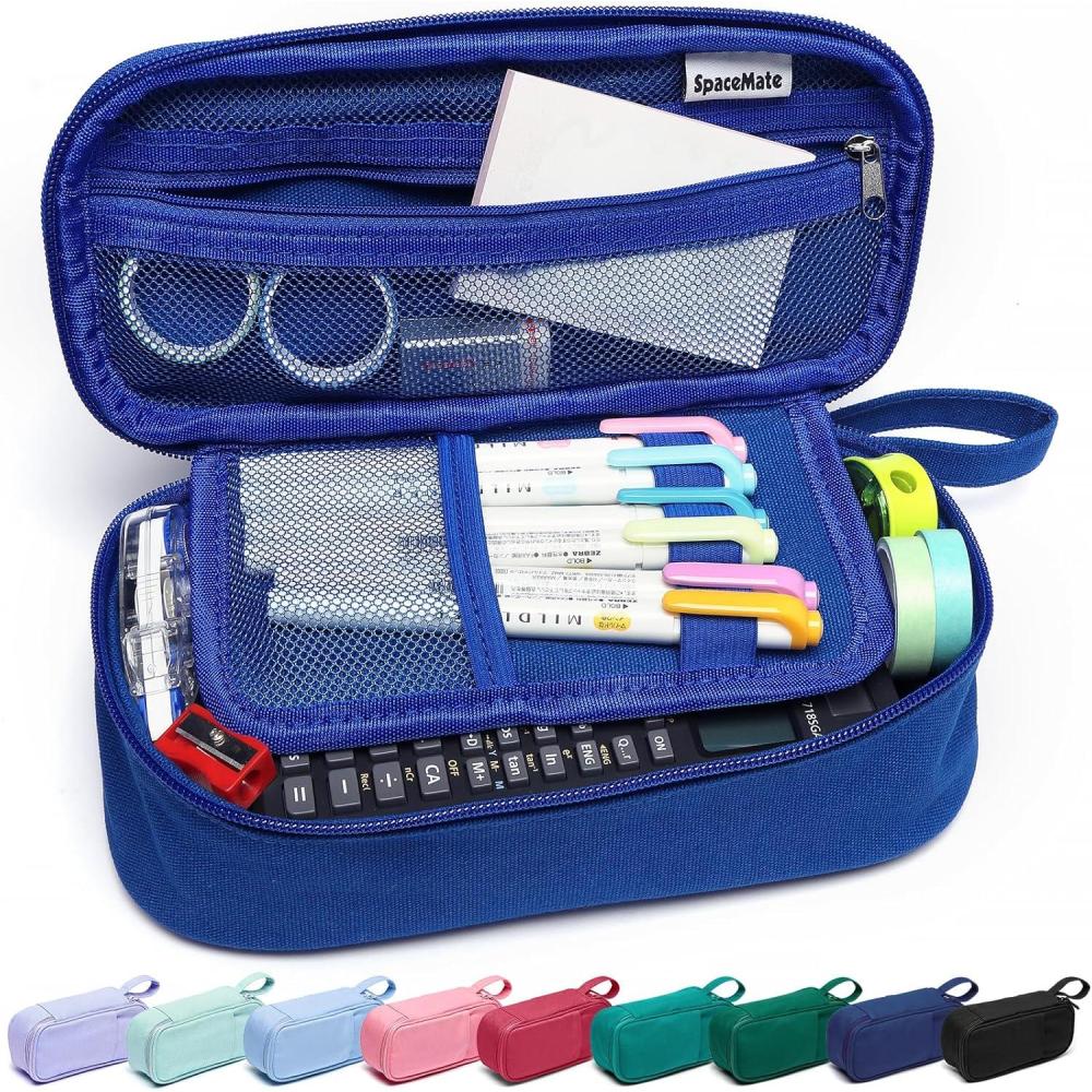 imageSPACEMATE Pencil Case Pouch Box Bag School Supplies Girls Boys Kids Cute Preppy Stuff Large Big Capacity Aesthetic Pen Organizer Back to College Stationary Dark Cyan Heavy Duty Canvas 1800mlSapphire Blue