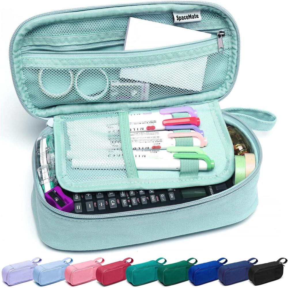 imageSPACEMATE Pencil Case Pouch Box Bag School Supplies Girls Boys Kids Cute Preppy Stuff Large Big Capacity Aesthetic Pen Organizer Back to College Stationary Dark Cyan Heavy Duty Canvas 1800mlEggshell Blue
