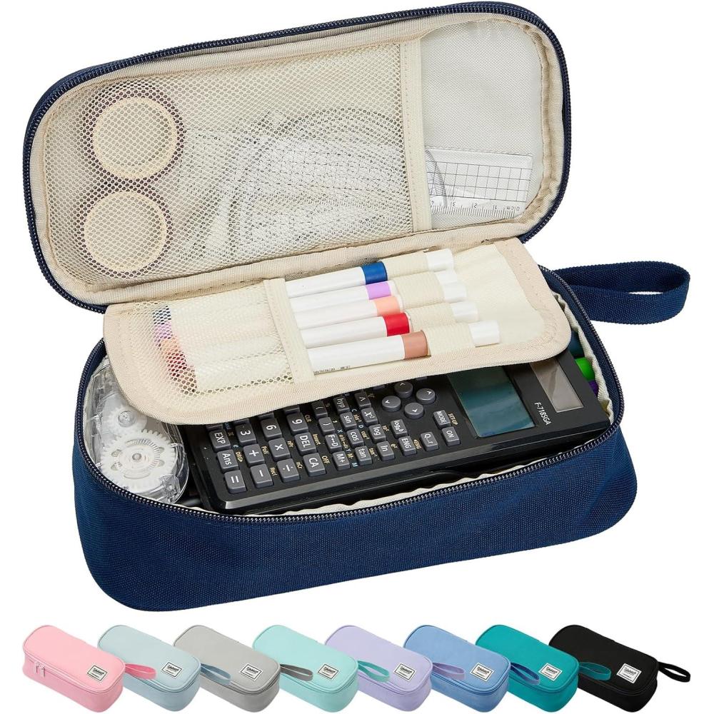 imageSPACEMATE Pencil Case Pouch Box Bag School Supplies Girls Boys Kids Cute Preppy Stuff Large Big Capacity Aesthetic Pen Organizer Back to College Stationary Coal Black Standard Stlye 1800mlMidnight Blue