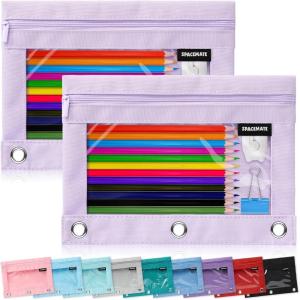 imageSPACEMATE 2 Pack Binder Pencil Pouch Case Box Bag for 3 Ring Binder School Supplies Girls Boys Kids Clear Preppy Stuff Large Aesthetic Pen Organizer Back to College Stationary Light PurpleLight Purple