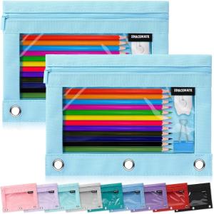 imageSPACEMATE 2 Pack Binder Pencil Pouch Case Box Bag for 3 Ring Binder School Supplies Girls Boys Kids Clear Preppy Stuff Large Aesthetic Pen Organizer Back to College Stationary Light PurpleSky Blue
