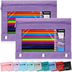 imageSPACEMATE 2 Pack Binder Pencil Pouch Case Box Bag for 3 Ring Binder School Supplies Girls Boys Kids Clear Preppy Stuff Large Aesthetic Pen Organizer Back to College Stationary Light PurplePurple