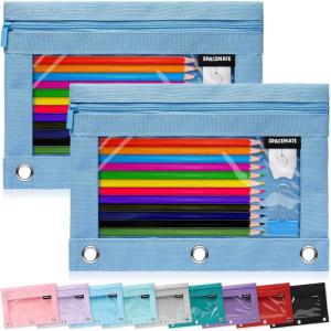 imageSPACEMATE 2 Pack Binder Pencil Pouch Case Box Bag for 3 Ring Binder School Supplies Girls Boys Kids Clear Preppy Stuff Large Aesthetic Pen Organizer Back to College Stationary Light PurpleCornflower Blue