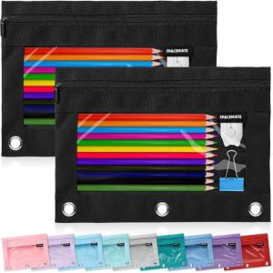 imageSPACEMATE 2 Pack Binder Pencil Pouch Case Box Bag for 3 Ring Binder School Supplies Girls Boys Kids Clear Preppy Stuff Large Aesthetic Pen Organizer Back to College Stationary Light PurpleCoal Black