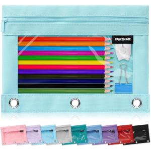 imageSPACEMATE Binder Pencil Pouch Case Box Bag for 3 Ring Binder School Supplies Girls Boys Kids Clear Preppy Stuff Large Aesthetic Pen Organizer Back to College Stationary 1 Pack Coal BlackEggshell Blue