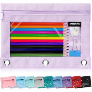 imageSPACEMATE Binder Pencil Pouch Case Box Bag for 3 Ring Binder School Supplies Girls Boys Kids Clear Preppy Stuff Large Aesthetic Pen Organizer Back to College Stationary 1 Pack Coal BlackLight Purple