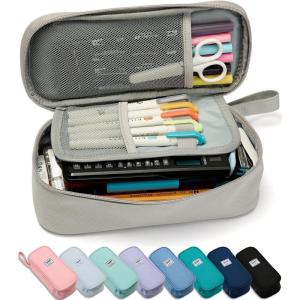 imageSPACEMATE Pencil Case Pouch Box Bag School Supplies Girls Boys Kids Cute Preppy Stuff Large Big Capacity Aesthetic Pen Organizer Back to College Stationary Cornflower Blue Classic Stlye 1800mlGray